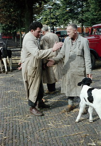 849780 Afbeelding van twee veehandelaren tijdens het onderhandelen bij handslag ( handjeklap ) op de veemarkt aan de ...